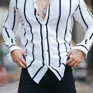 Elegant White Polyester Spandex Striped Casual Shirts For Men