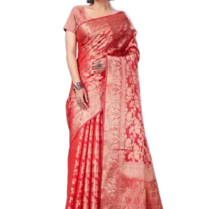 Stylish Red Khadi Cotton Zari Saree with Blouse piece For Women