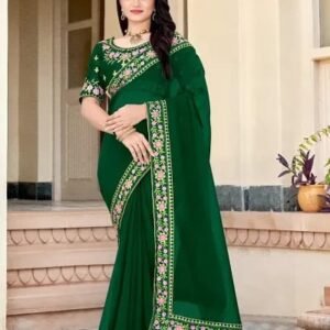 Stylish Georgette Green Embroidered Saree with Blouse piece
