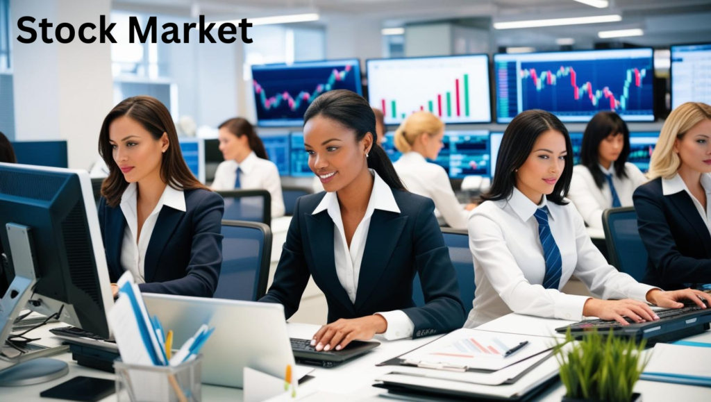 share market with good-looking ladies working in an office